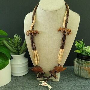 OOAK Folk Art Carved Wood Safari Animal Tiger Giraffe Necklace 26in